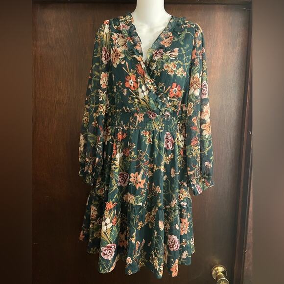 Maurices Brand NWT Green Floral Lurex Ruffle Trim Skater Dress Size Medium - Picture 2 of 9